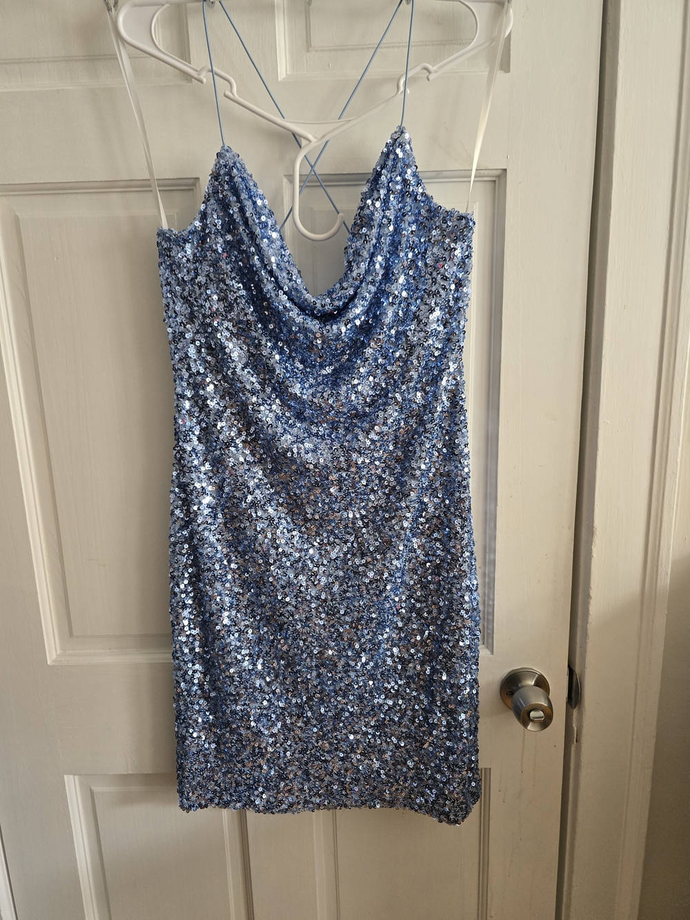 Blue Sequin Cowl Neck Slip Dress